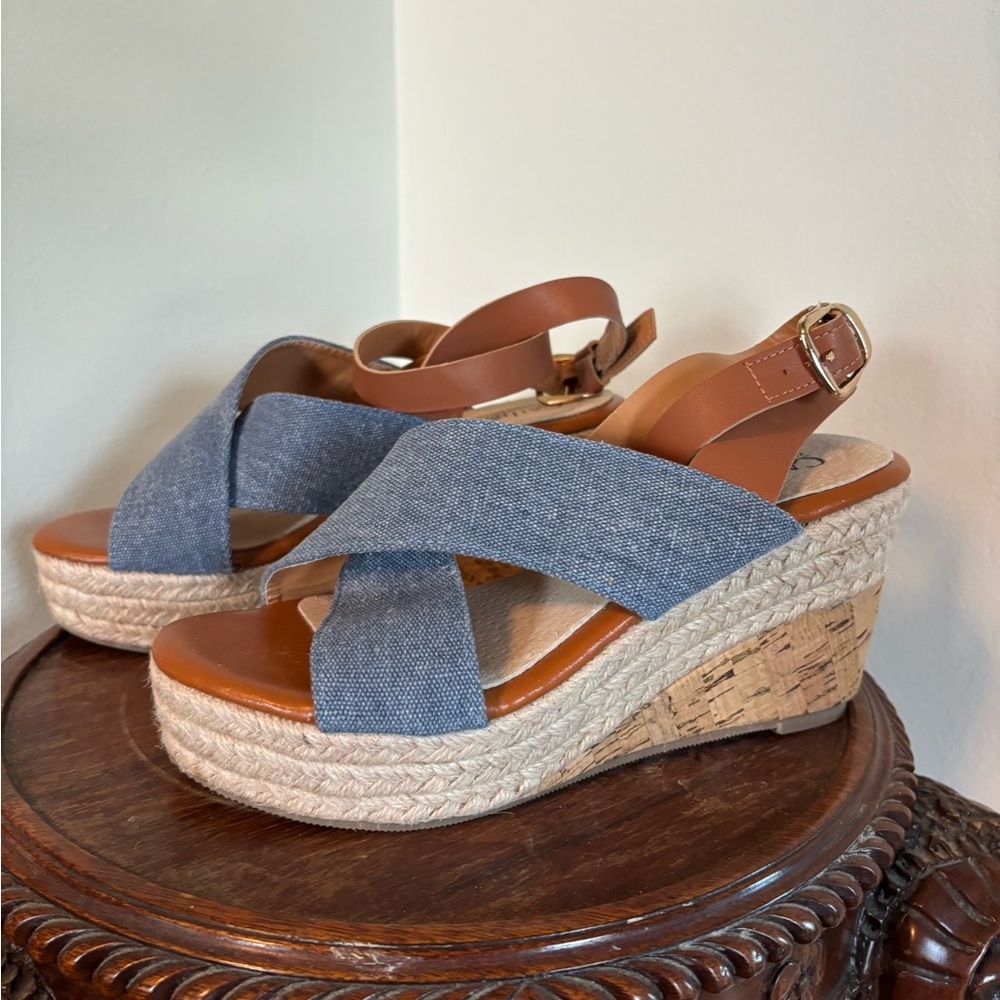 Catherine- LT Blue Denim-Espadrille Shoes with Straps around each ankles. Size-6